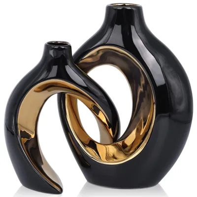Vasen-Set, 2er-Pack, Keramik, Schwarz-Gold, Modern