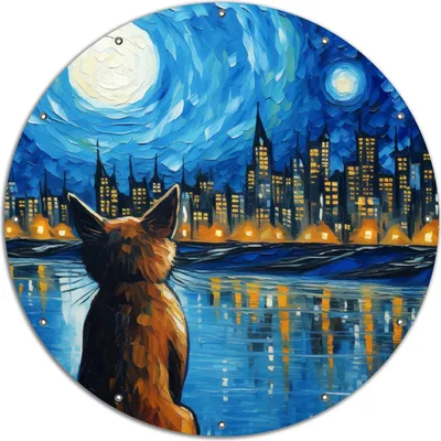 Produktbild von Wallario rundes Outdoor-Poster für Garten oder Balkon, Motiv Katze im Mondschein, 120 cm Durchmesser
