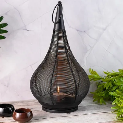 Zdjęcie produktu dla Marrakesh lantern Askil czarny metalowy kształt kropli H 36cm ręcznie robiona orientalna nowoczesna boho latarnia tea light holder dekoracja do salonu balkon taras ogród indoor outdoor design gra światła