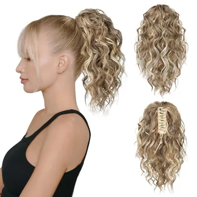 Productafbeelding van Haarverlenging, paardenstaartmodel, 31 cm lang, golvend en krullend, met kinclip, honingblond met highlights