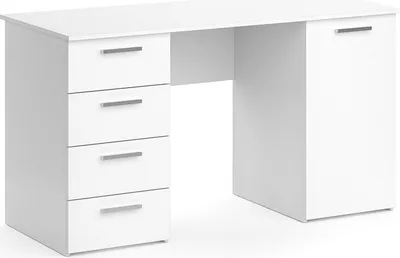 A white desk with drawers on the left and a cabinet on the right, shown against a white background.