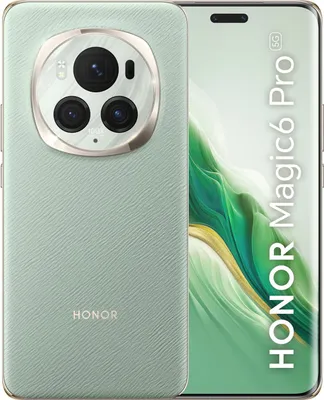 A close-up of the back of a green Honor Magic 6 Pro smartphone, with the camera module prominently displayed. The phone is shown at an angle, with the screen visible on the right side.