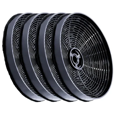 A set of four black activated carbon filters arranged in a row.