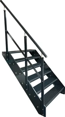 Produktbild von Gitterrost Stahl Wangentreppe 6 Stufen Geländer links - Verzinkt & Anthrazit Pulverlackiert - (B x H x T) 80 x 114 x 120 cm