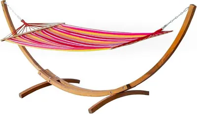 Imagen del producto de Silecomplaza ALEOS. Estructura para hamaca de 350 cm con barra, hamaca de colores, madera de alerce
