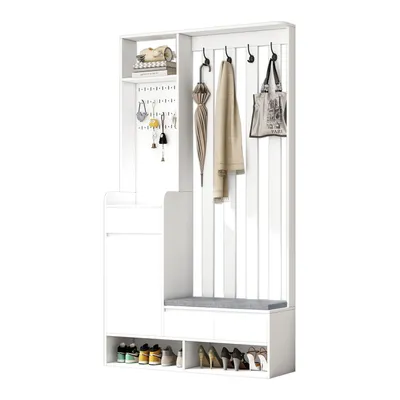 Produktbild von Flurgarderobe mit gepolsterter Aufbewahrungsbank,multifunktionaler Flurschuhschrank mit Stecktafel,moderne Garderobe mit 4 Haken für Eingangsbereich