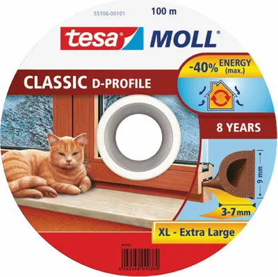 Produktbild von TESA Selbstklebende Dichtung für Fenster und Türen, Gummi, D-Profil, braun, 100m x 9mm