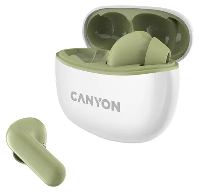 A pair of Canyon TWS-5 Bluetooth earbuds and their charging case are shown against a white background.