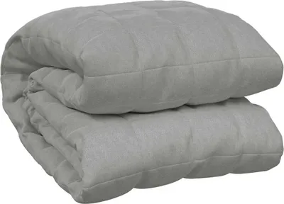 A folded gray weighted blanket.