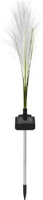 A single solar garden stake with white feathery grass-like elements on a white background.