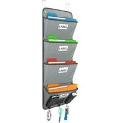 Produktbild von Graue Wand-Organizer mit 4 Fachern, Zeitungs- und Magazinhalter, ideal für Büro, Schule und Zuhause