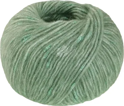 A ball of green yarn with metallic threads.