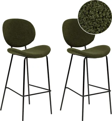 Produktbild von BELIANI Barstuhl 2er Set Dunkelgrün Bouclé mit Schwarzem Metallgestell Hoher Lehne Fußstütze Retro Design für Esszimmer Küche Bar Wohnzimmer Möbel