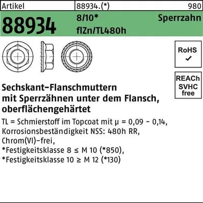 Produktbild von Reyher  6kt.-Flanschmuttern Sperr.Kl. 8 M 10 flZn (200 Stück)