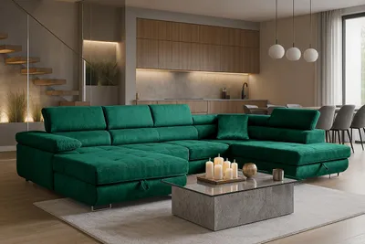 Produktbild von Sofiland Aller U-Form Ecksofa XXL Schlaffunktion 2 Bettkästen Grün Rechts