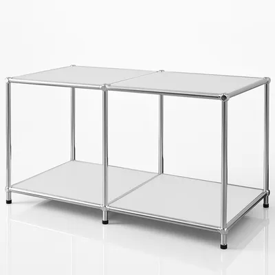 A modular shelving unit with a metal frame and white shelves, presented against a white background.