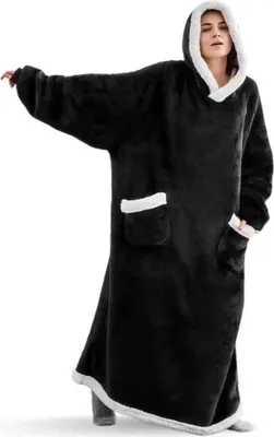 Immagine prodotto di Coperta con cappuccio, tessuto felpato, grande tasca, 180 cm, nero-a
