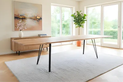 Produktbild von Esstisch mit Ansteckplatten 220(320)x100 cm Baumkante Akazie natur Vierfuß-Gestell schwarz AVINO