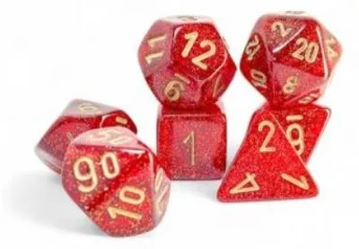 Zdjęcie produktu dla Zestaw kości Chessex Glitter Ruby/gold – 7 sztuk – Mega-Hedral