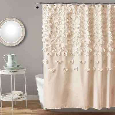 Produktbild von Unyqoos Eleganter elfenbeinfarbener® Duschvorhang mit Blumen und Rüschen für das Vintage-Badezimmer