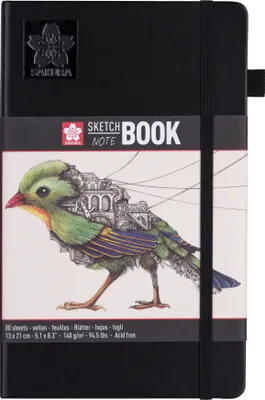 A black sketchbook with a decorative band featuring an illustration of a bird and text.