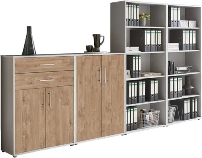 Produktbild von Aktenschrank TABOR 21 in lichtgrau / Gold Harbor Oak, Schrankwand, Büroschrank, abschließbar, Metallgriffe