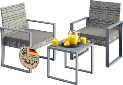 Image de CASARIA® Salon de jardin Gris WPC en polyrotin 2 chaises 1 table Pieds réglables Résistant aux intempéries Balcon Meubles Lounge Set
