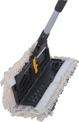 A cleaning mop with a handle and a cleaning pad.