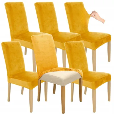 Produktbild von Stuhlhusse Stretch Senfgelb - Samt - 6 Stück - Universal - Esszimmer Stuhlbezug