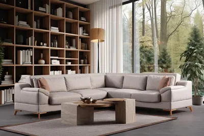 Produktbild von Hanah Home, Ecksofa-Bett in Beige, 300 x 275 x 100 cm | 100% Polyester, 28 DNS Schaum, unter Sitzfläche Stauraum | Modernes Design, ideal für Wohnzimmer & Gästezimmer.