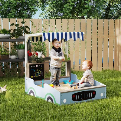 Produktbild von SUGIFT Sandkasten Einkaufsladen mit Vordach, Sandkiste mit Sitzbank und Zeichentafel, Tannenholz, Blau | 108x90x104 cm | bis 150 kg | bodenloses Design