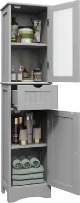 Produktbild von GOPLUS Bad Hochschrank mit Schublade, Badezimmerschrank mit 2 Türen, Aufbewahrungsschrank Badschrank für Badezimmer & Küche, 40 x 30 x 170 cm (Grau)