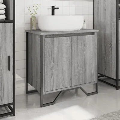 A bathroom vanity cabinet with a sink and faucet.