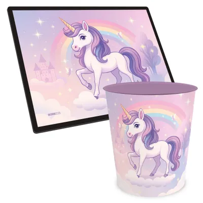 Produktbild von ITENGA Kinder Papierkorb Schreibtischunterlage Set - ca. 11 Liter - EINHORN ZAUBERWOLKE