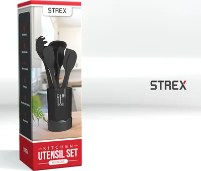 Produktbild von Strex Küchenutensilien-Set mit Halter 15-teilig - Hitzebeständig / BPA-frei / Silikon - Kuchenhelfter Set
