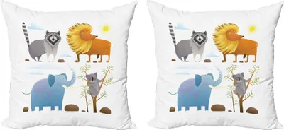 Immagine prodotto di ABAKUHAUS Set copricuscino asilo (2 pezzi), Animali esotici Leone africano Elefante Procione e Koala Disegno caricatura acquerello, 45 x 45 cm, Multicolore