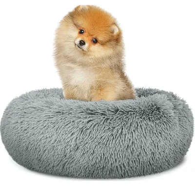 Image de Panier douillet en forme de donut en peluche gris clair pour petits animaux