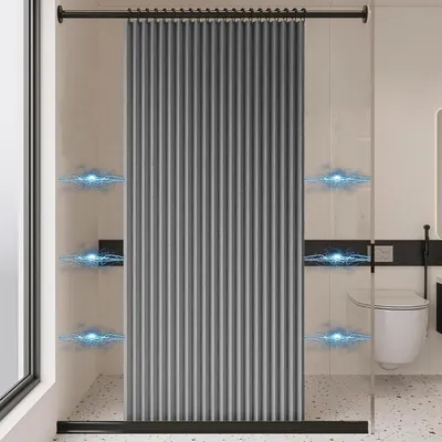 Produktbild von Faltbarer magnetischer Duschvorhang, wasserdicht und schimmelresistent, magnetisch, dickes Leinen, ungefüttert, grau, 120 x 200 cm.