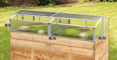 A wooden raised garden bed with a clear polycarbonate greenhouse cover.
