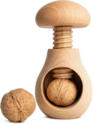 Produktbild von Ibenzoa® Nussknacker aus massivem Buchenholz, Pilzform 10 x 6 cm, unbehandelt/natur, handbetriebener Schraubmechanismus, für Walnüsse & Haselnüsse