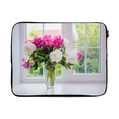 Produktbild von MuchoWow® Laptop Hülle 17 Zoll Laptoptasche Blumen - Pfingstrosen - Vase - Zipper - Schutzabdeckung