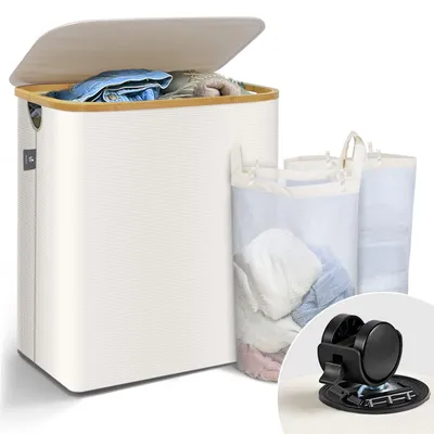 Produktbild von VOUNOT® Wäschekorb mit Deckel & Wäschesäcke Faltbarer Wäschesammler, 145L Beige