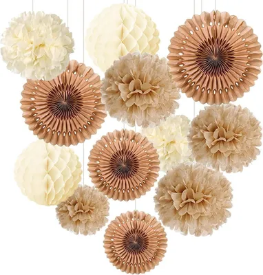 Produktbild von Vintage Pompons Deko für Hochzeit, Party & Garten - 12er Set in Holz, Vanille & Braun - 3 Größen - Romantisch & Elegant