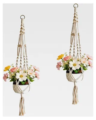 Produktbild von 2 Stück Makramee Blumenampel Hängend aus Baumwolle mit Metallring, Boho Deko für Pflanzen