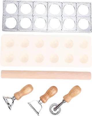 Image de Set pour faire des pâtes, emporte-pièce à raviolis à 12 trous, rouleau à pâtisserie en bois pour la cuisine