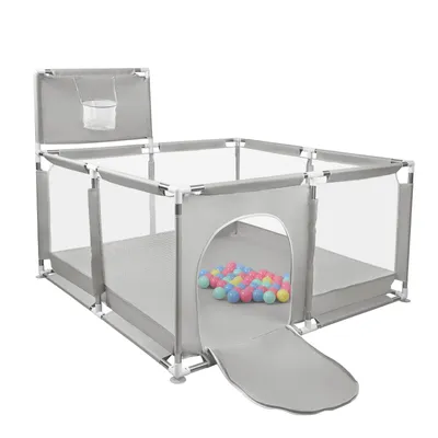 Image de Parc pour bébé 126*126cm Barrière de sécurité avec 50 balles, panier de basket, base antidérapante Gris clair