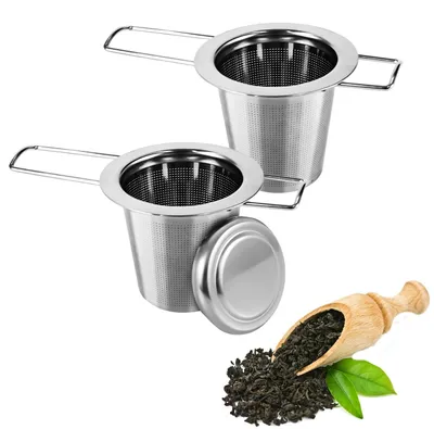 Teefilter aus Edelstahl, 2 Stück, klappbarer Griff, Deckel, wiederverwendbar