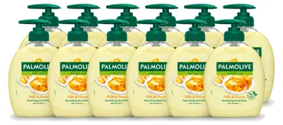 Immagine prodotto di 12 confezioni di sapone liquido per le mani Palmolive Naturals, profumato al latte e al miele, da 300 ml ciascuna. Confezione  da 12 pezzi