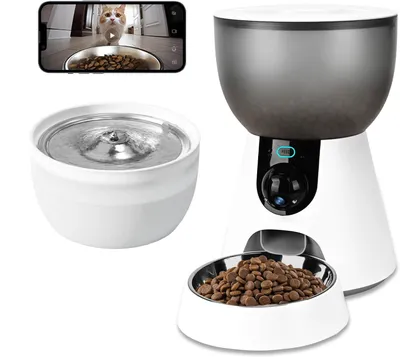 Image de Distributeur intelligent de nourriture 2-en-1 4 L + abreuvoir 3 L, contrôle via application, télécommande, minuterie, caméra, transparent, visible, pour animaux de compagnie, blanc