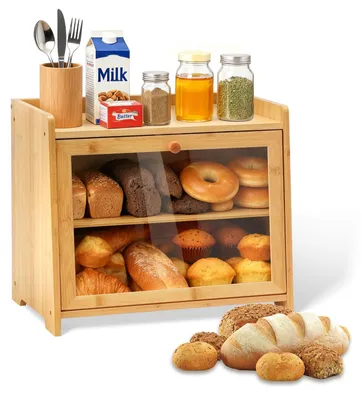 Bambus-Brotkasten 2 Etagen, groß, mit Sichtfenster, belüftet